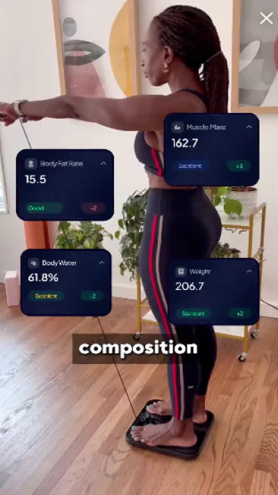 Woman standing on a body composition scale showing body fat, muscle mass, body water and weight metrics