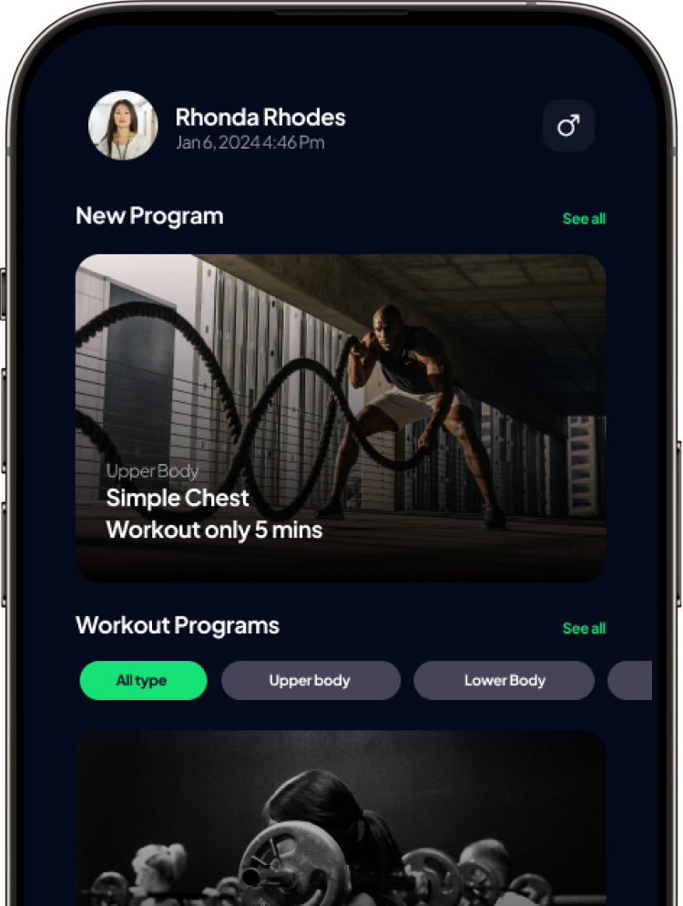 Smartphone displaying Hume fitness app with personalized workout programs, featuring a simple chest workout and categorized training options like upper body and lower body.