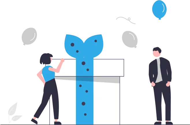 Earn Rewards with Every Successful Referral: illustration of two people standing next to a large gift box with balloons, representing earning $20 commission for every successful referral purchase